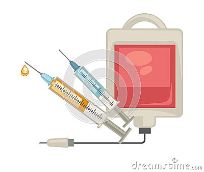 Blood pack and syringe isolated medical tools injection and transfusion Vector Illustration
