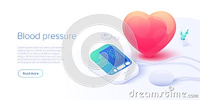 Blood pressure concept in isometric vector illustration. Arterial pressure measuring or checking machine. Medical sphygmomanometer Vector Illustration