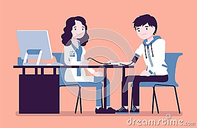 Blood pressure measurement, medicine test for young boy Vector Illustration