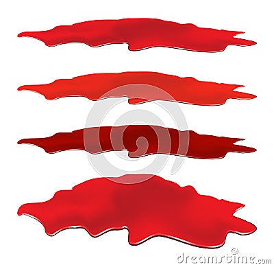 Blood puddle set, red drop, blots, stain, plash od blood. Vector Illustration