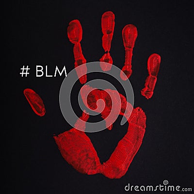 Red palm print on black background with heart and inscription Black Lives Matter Editorial Stock Photo