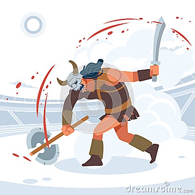 Blood and sand, the battle of the titans. A huge aggressive Gladiator attacks. Vector isolated illustration. Flat Vector Illustration