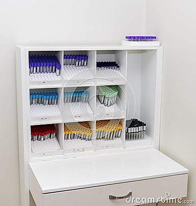 Blood ,semen samples and ,serum specimen medical test tubes on a tray in laboratory room at general hospital for clinical lab Stock Photo