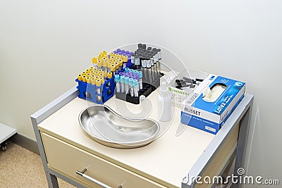 Blood ,semen samples and ,serum specimen medical test tubes on a tray in laboratory room at general hospital for clinical lab Editorial Stock Photo