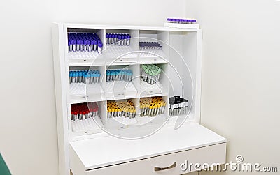 Blood ,semen samples and ,serum specimen medical test tubes on a tray in laboratory room at general hospital for clinical lab Editorial Stock Photo