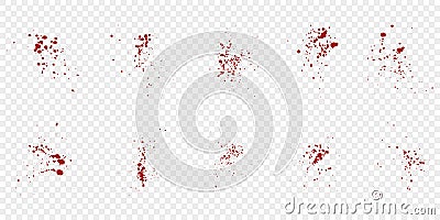 Blood Spatter Set. Red Drip Splatter. Grunge Splash Collection. Splat Pattern on Transparent Background, Paint Ink Stain Vector Illustration