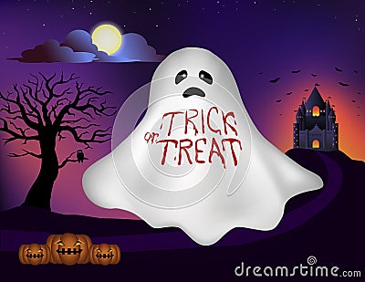 Blood stain lettering on white ghost with castle, tree,full moon and halloween pumpkins in background for banner,illustration and Vector Illustration