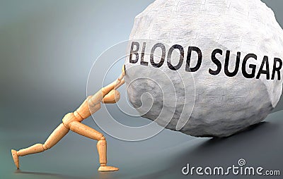 Blood sugar and painful human condition, pictured as a wooden human figure pushing heavy weight to show how hard it can be to deal Cartoon Illustration