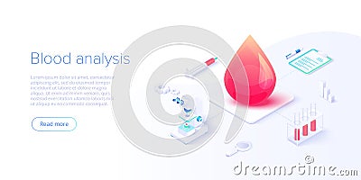 Blood test or analysis in isometric vector illustration. Healthcare concept for clinical laboratory examination. Medical Vector Illustration