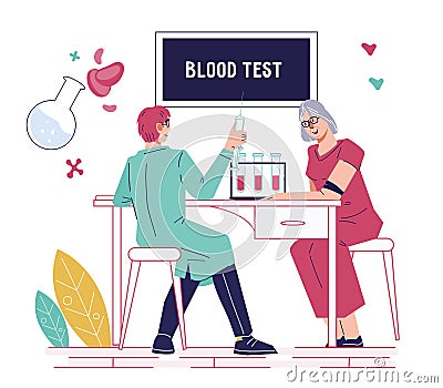 Blood test banner with doctor taking blood sample for analysis, flat vector isolated. Vector Illustration