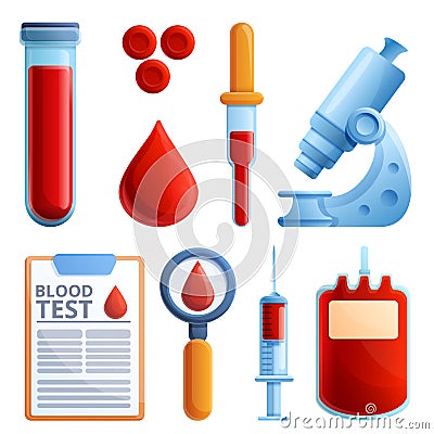 Blood test icons set, cartoon style Vector Illustration