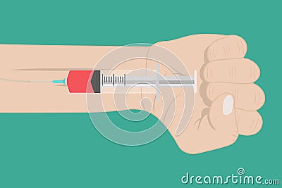 Blood testing concept. Hand taking blood sample with a hypodermic needle. Flat design Vector Illustration