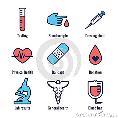 Blood testing and work icon set with syringe, donation, & blood sample ideas Vector Illustration