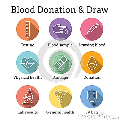 Blood testing and work icon set with syringe, donation, & blood sample ideas Vector Illustration