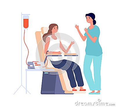 Blood transfusion. Girl donor, flat female volunteer and nurse. Isolated hospital procedure, female treatment or Vector Illustration