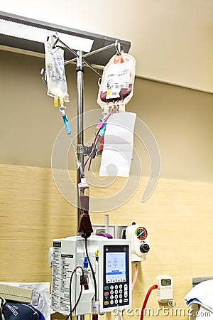 Blood Transfusion and Saline Solution IV Stock Photo