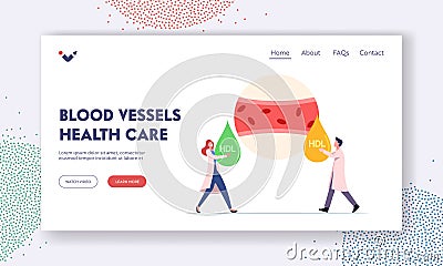 Blood Vessel Health Care Landing Page Template. Tiny Medic Characters at Huge Blood Artery Holding Good and Bad HDL Drop Vector Illustration