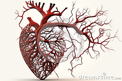 Blood vessels in shape of heart. Circulatory system. Veins and arteries. Generative AI. Stock Photo