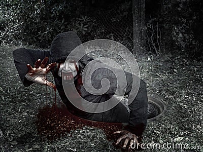 The bloodied zombie climbs out of the sewer well . Stock Photo