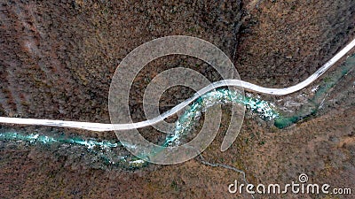 aerial view on road and river in mountain Stock Photo