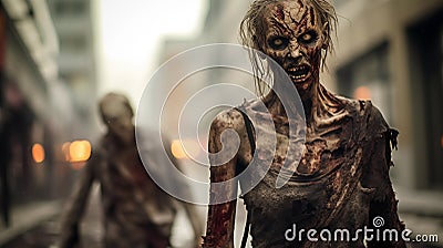 Bloodthirsty evil zombie attack on city street generative ai Stock Photo