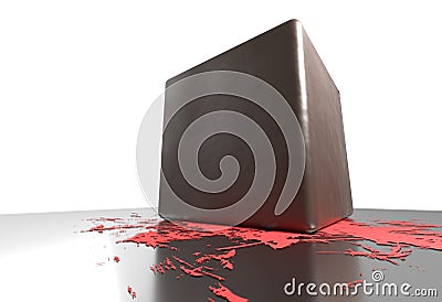 Bloody cube smash and small blood on reflective floor 3d illustration Stock Photo