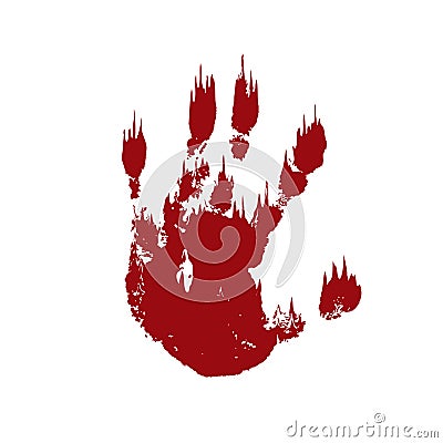 Bloody hand print isolated white background. Horror scary blood dirty handprint, fingerprint. Red palm, fingers, stain Vector Illustration