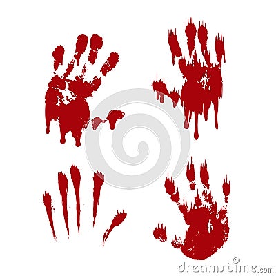 Bloody hand print set isolated white background. Horror scary blood handprint, fingerprint. Red palm, fingers, stain Vector Illustration