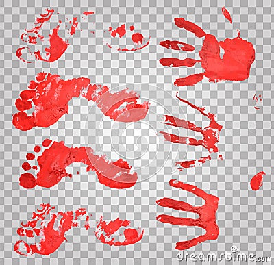 Bloody handprints and feet. Blood splatter Vector Illustration