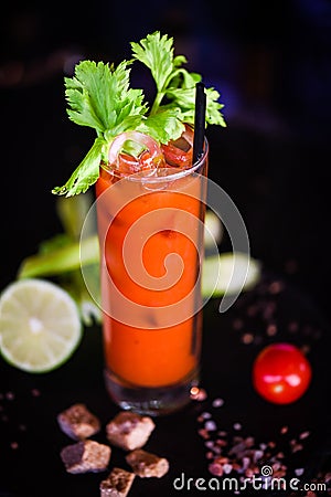 Bloody marry cocktail with fresh tomatoes juice, celery & spices Stock Photo