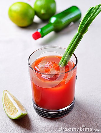 Bloody Mary cocktail with celery, Tabasco, pepper, sea salt and Worcestershire sauce Stock Photo