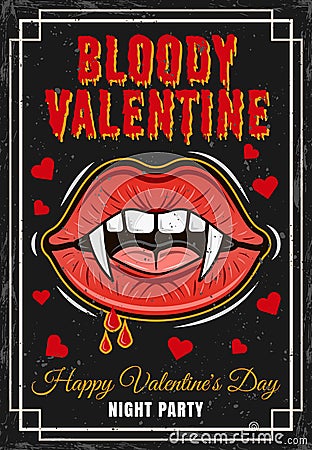 Bloody valentine vintage colored poster vampire women mouth with fangs and blood drops. Vector illustration with grunge Vector Illustration