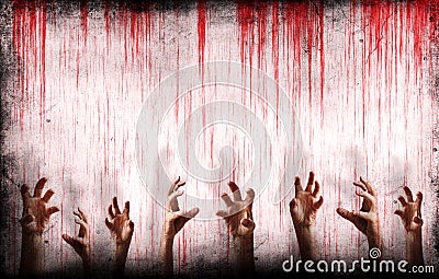 Bloody wall with scary hands Stock Photo