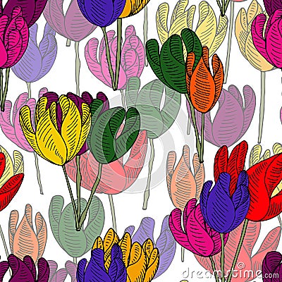 A bloom of bright tulips. Vector Illustration