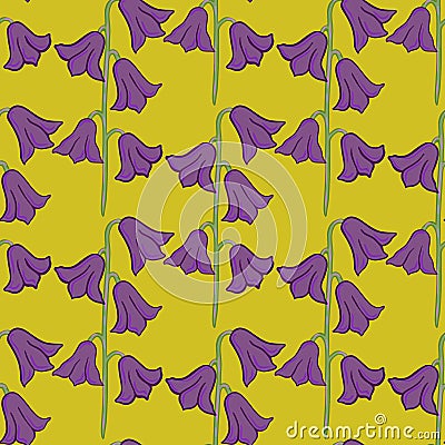 Bloom seamless pattern with purple bell flowers elements ornament. Yellow pale background. Abstract style Vector Illustration