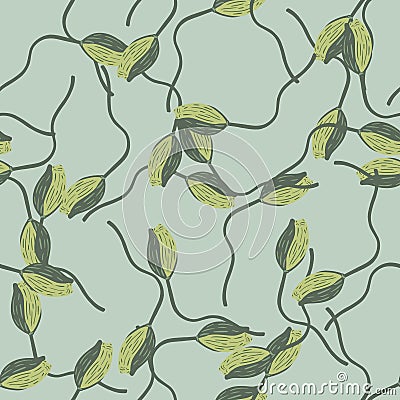 Bloom seamless pattern with random pale green poppy bud flower silhouettes. Blue background. Nature backdrop Vector Illustration