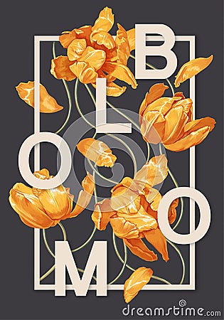 Trendy poster with blooming yellow tulips flowers. Spring theme background. Vector Illustration