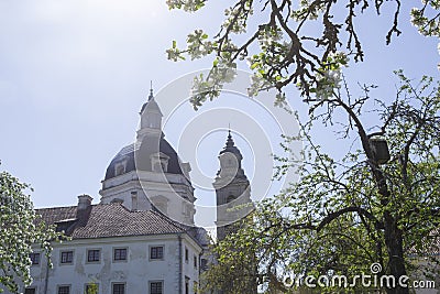 Blooming apple trees in monastery garden. Stock Photo