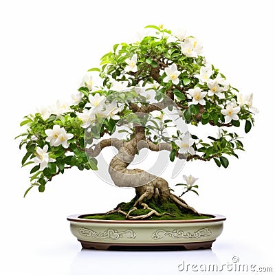 Jasmine Bonsai Tree: White Flowers In Smooth Cambodian Art Style Stock Photo