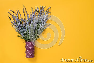 Blue lavender in a vase on yellow background Stock Photo