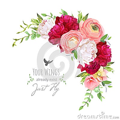 Blooming bouquet floral vector frame with ranunculus, peony, rose, green plants on white. Pink, burgundy red and white flowers. C Vector Illustration