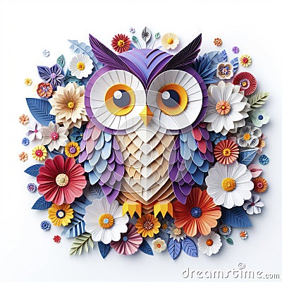 Blooming Brilliance: Kirigami Owl in Colorful Serenity Stock Photo