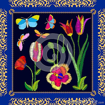 Blooming butterflies garden. Vector Illustration