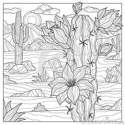Blooming cactus in the desert.Coloring book antistress for children and adults. Vector Illustration