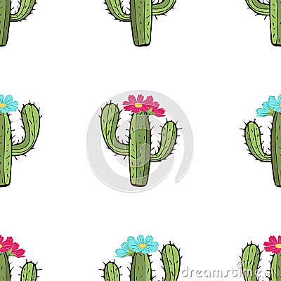 Blooming cactus seamless pattern, hand drawing, vector illustration. Vector Illustration