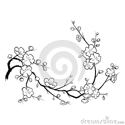 Blooming cherry. Sakura branch with flower buds. Cartoon drawing of a blossoming tree in spring. Logo with Japanese Vector Illustration