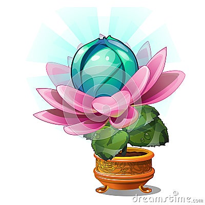 Blooming fantasy flower in the gold flower pot isolated on white background. Vector cartoon close-up illustration. Vector Illustration