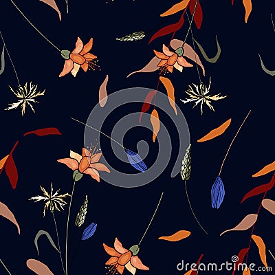 Blooming Flowers. Realistic isolated seamless flower pattern. Vintage background. Wallpaper. Hand drawn. Vector illustration Vector Illustration