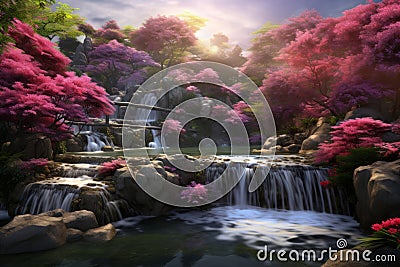 Blooming Japanese flower garden with waterfall Stock Photo