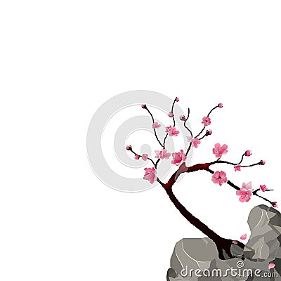 Blooming Japanese Sakura. Pink cherry tree on a cliff. Isolated on white background. illustration Vector Illustration